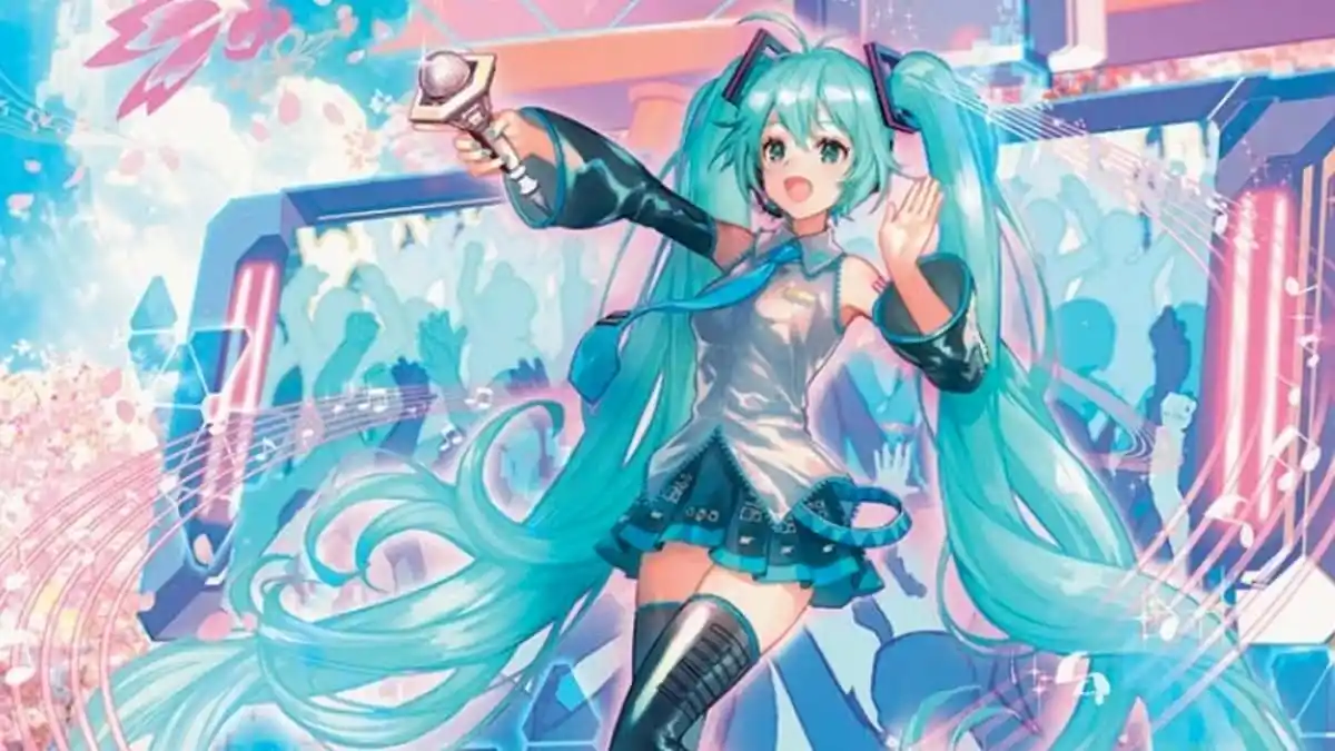 Hatsune Miku on stage for MTG card Harmonize